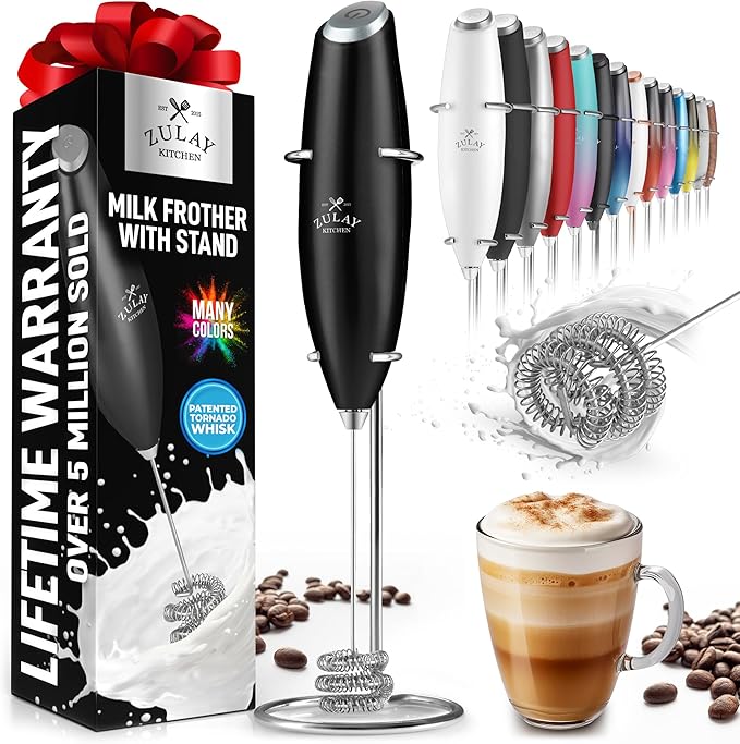 Zulay Kitchen Milk Frother with Patented Tornado Triple Whisk – Handheld Foam Maker for Coffee, Lattes, Matcha & Hot Chocolate – Rich, Creamy Froth in Seconds