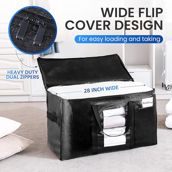 TAILI Extra Large Moving Bags, 2 Pack Black Heavy Duty Totes for Storage with Visible Window, Wrap Around Handles, Storage Bags for Space Saving, Alternative to Moving Boxes