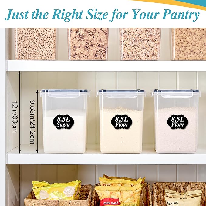 Vtopmart 8.5L 2 Pack Extra Large Flour Sugar Storage Containers for 20lbs flour, Airtight Kitchen Pantry Organization Canisters with Lids for Bulk food, Rice, Baking Supplies, BPA Free, Black