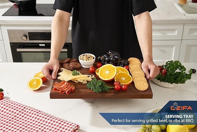 American Dark Walnut Wood Cutting Board 17x12 x1in for Kitchen with Juice Groove, Inner Handles, Gift Box, Thick Wooden Cutting Board Finished with Linseed Oil, Beeswax, Carnauba Wax, Lemon Oil