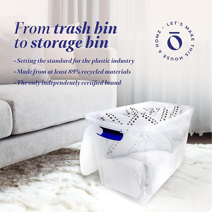 HOMZ 2-Pack Latching Lid, Clear Plastic Storage Organizer Bins, 112 Quart, Blue Latch - Stackable Organizing Containers for Home, Garage, and Office