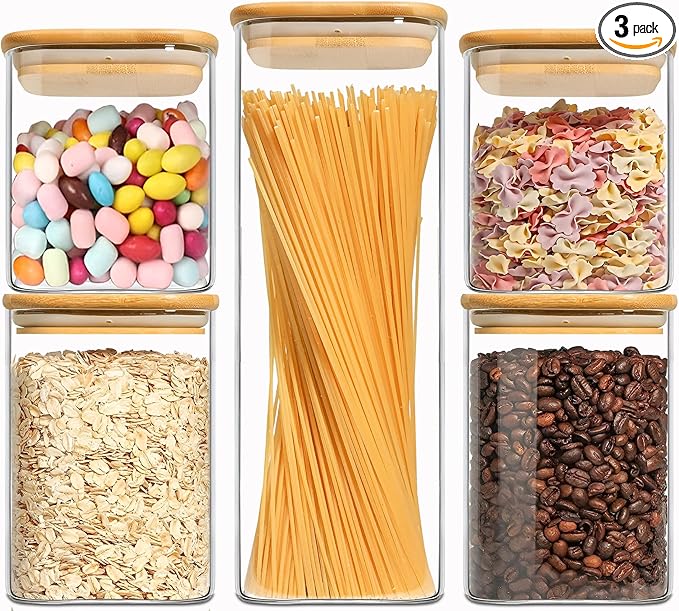 Food Storage Containers with Airtight Bamboo Lids Set of 5, Glass Canisters with Airtight Lids, Glass Food Storage Containers for Pasta, Oats, Coffee, Flour, Sugar, Best for Kitchen, Square