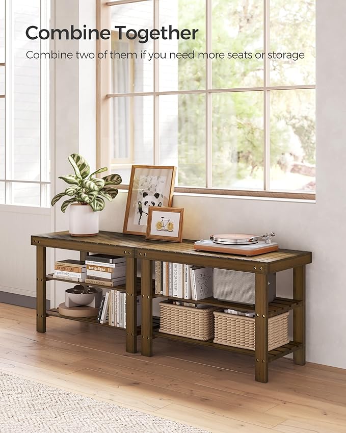 SONGMICS Shoe Rack Bench, 3-Tier Bamboo Shoe Storage Organizer, Entryway Bench, Holds Up to 286 lb, 11.3 x 27.6 x 17.8 Inches, for Entryway Bathroom Bedroom, Yellow Brown ULBS04WL