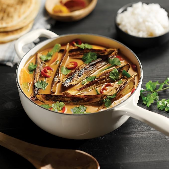 Tramontina Bestow Enameled Cast Iron Saucier Pan with Lid, 3-quart, Latte with Gold Knob