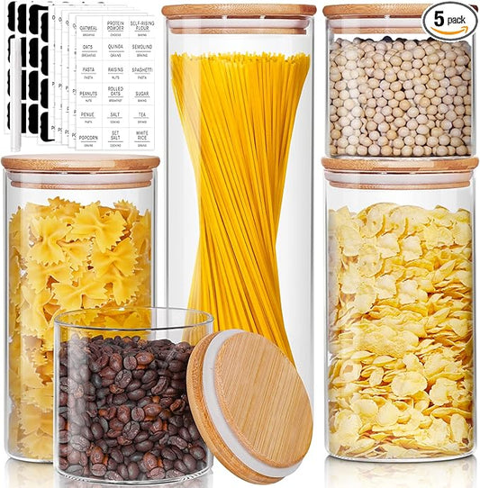 Glass Jars with Bamboo Lids [Muti Size Set of 5], Glass Canisters with Airtight Lids, Glass Food Storage Containers for Pasta, Oats, Coffee, Flour, Sugar, Rice, Best for Kitchen & Pantry