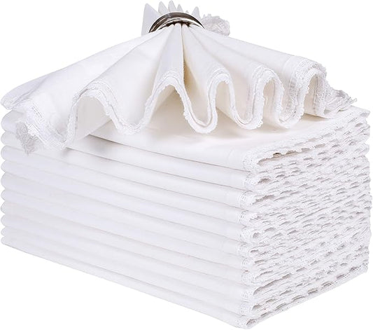 White Cloth Napkins Set of 12 Cotton - 18x18 Inch with Beautiful Lace Soft Elegant Decorative Washable Reusable Dinner Napkin for Dining Table Décor Wedding Party Thanksgiving Birtday and Everyday Use