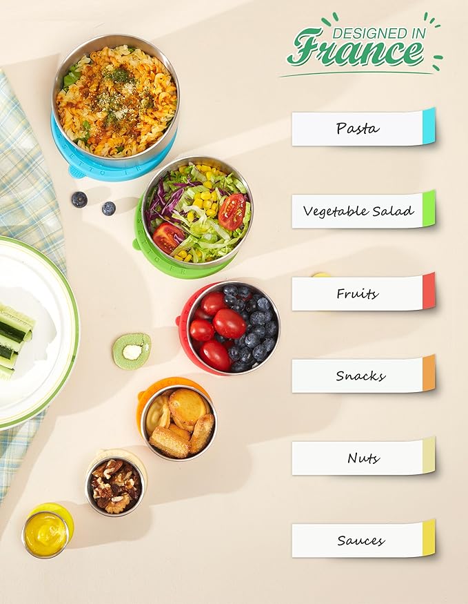 Stainless Steel Food Container with Lids, 6pcs stackable Metal Lunch Box Container for Kids, Daycare, School, Travel | leakproof Sauce Salad Dressing Container to go, From 1.7oz to 33.8oz