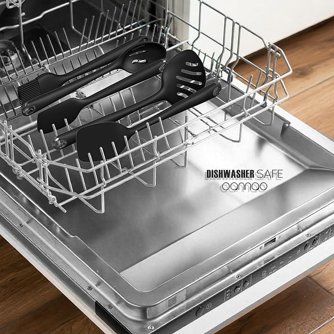 Thickened Silicone Kitchen Utensils Set, 600°F Heat Resistant Silicone Cooking Utensils, Spatula, Spoon, Whisk, Tongs, Kitchen Gadgets Sets for Nonstick Cookware, Dishwasher Safe BPA Free (Black)