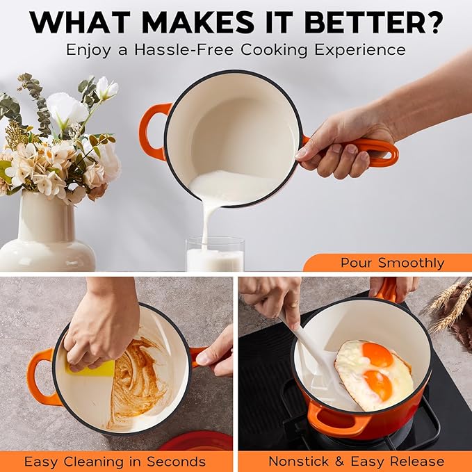 Onader Enameled Cast Iron Sauce Pan Pot, 1QT Saucepan with Lid, Small Enamel Dutch Oven Kitchen Cooking Pot – Sunset Orange