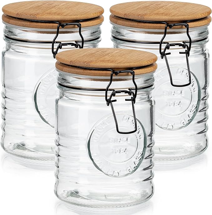 kitchentoolz Glass Storage Jars with Airtight Lids - Set of 3 Mason Storage Containers for Cereal, Coffee & Rice - 23 Ounce Pantry Organizing Canister Set