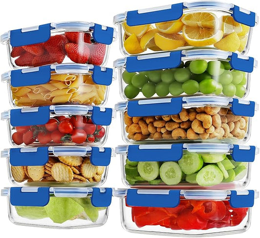 10 Pack Borosilicate Glass Meal Prep Containers with Locking Lids, Glass Food Storage Containers Set, Airtight Lunch Bento Boxes, BPA-Free & Leak Proof, 36oz & 14oz, Freezer, Oven Safe-Deep Blue