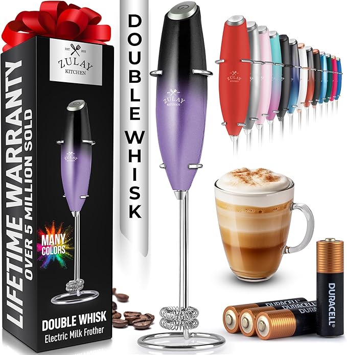 Zulay Kitchen Whisk Milk Frother with 4 Duracell Batteries - Powerful Handheld Foam Maker for Coffee, Lattes, Matcha, Hot Chocolate & Cappuccinos - Whip Creamy Froth in Seconds