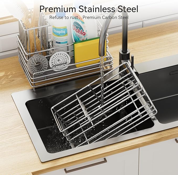 Yofidra Kitchen Sink Caddy with Instant Drying Stone, Metal Stainless Steel Dish Sponge Holder Basket for Sponges, Scrubbers, Soap, 9.5" X 5.5" X 5.7" Sink Box Organizer