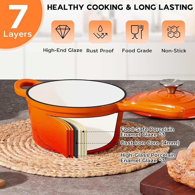 Onader Enameled Cast Iron Sauce Pan Pot, 1QT Saucepan with Lid, Small Enamel Dutch Oven Kitchen Cooking Pot – Sunset Orange