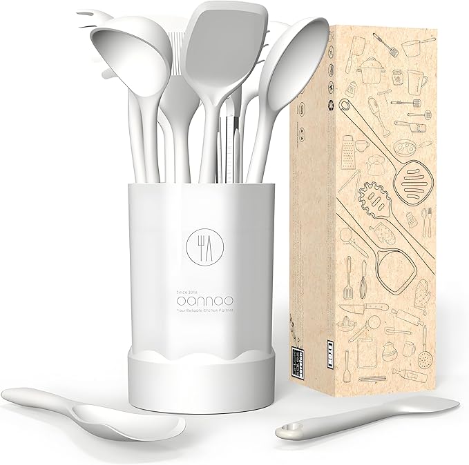 Thickened Silicone Kitchen Utensils Set, 600°F Heat Resistant Silicone Cooking Utensils, Spatula, Spoon, Whisk, Tongs, Kitchen Gadgets for Nonstick Cookware, Dishwasher Safe BPA Free (Cream White)