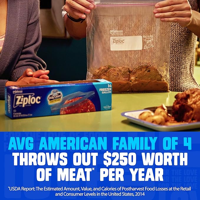 Ziploc Gallon Food Storage Freezer Bags, Stay Open Design, Easy to Fill, 66 count