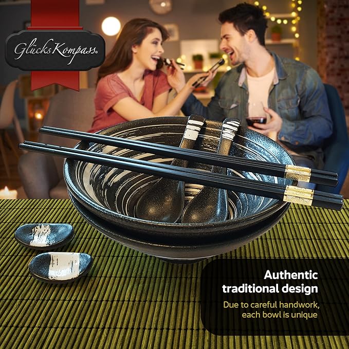 Japanese Ramen Bowl Set made of ceramic (8 pcs) with chopsticks, ceramic spoons, large 8 inches diameter, 32 oz (1 quart) | Pho Bowls Noodle Soup Bowl Asian Rice Bowl Chinese Bowl Thai