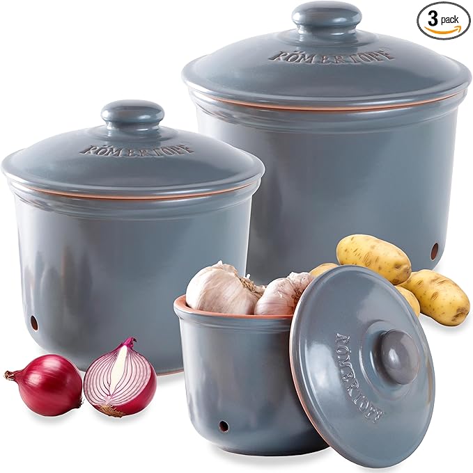 Romertopf Freshness Storage Potato Onion Garlic Clay Pot Set of 3 with Lids - Blue-gray