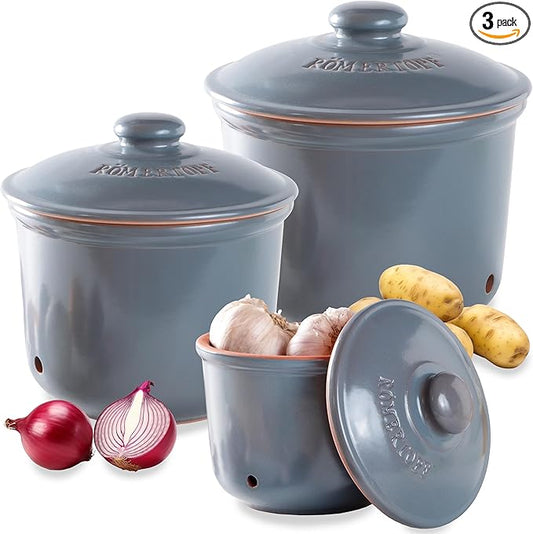 Romertopf Freshness Storage Potato Onion Garlic Clay Pot Set of 3 with Lids - Blue-gray
