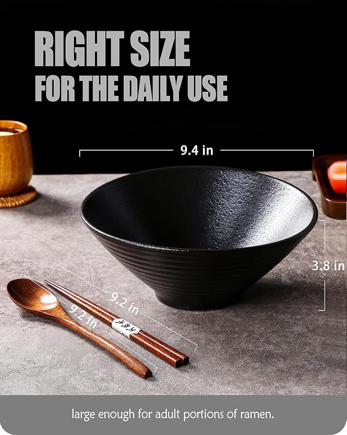 Lareina Ceramic Japanese Ramen Bowls, 2 Sets (6 Piece) 60 Ounce, Large Noodle Soup Bowl with Matching Chopsticks and Spoons for Asian Pho Udon Soba, Matting Black