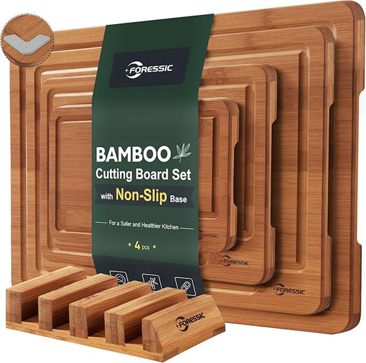 Wood Cutting Board Carbonized Bamboo Set With Smooth Surface Set 4 Packs with Non Slip Feet Holder and Over Sink Solid Thick Durable Wood Charcuterie Cheese Serving Tray Kitchen Gadgets (Carbonized)