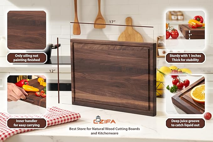 American Dark Walnut Wood Cutting Board 17x12 x1in for Kitchen with Juice Groove, Inner Handles, Gift Box, Thick Wooden Cutting Board Finished with Linseed Oil, Beeswax, Carnauba Wax, Lemon Oil