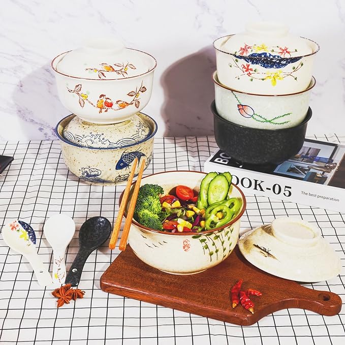 Ceramic Ramen Bowl Set, 800ml, with Lid, Spoon and Chopsticks, Japanese Vintage Large Soup Bowls Instant Noodle Bowl Asian Tableware (Dird*2)