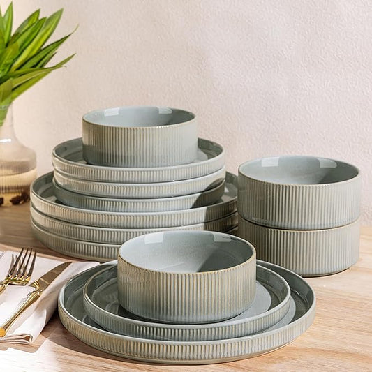 TheTerra Ceramic Dinnerware Sets for 4, 12 Pieces Porcelain Lightweight Plates and Bowls Sets, Scratch Resistant Dish Set, Oven & Microwave & Dishwasher Safe, Desert Sage