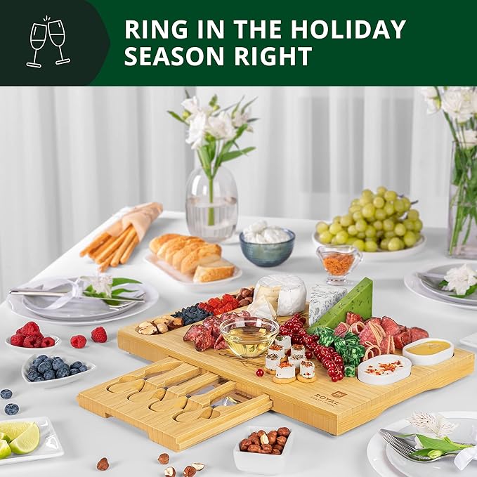 ROYAL CRAFT WOOD Bamboo Cheese Board and Knife Set with Charcuterie Board & Serving Tray with 4 Stainless Steel Knife & Thick Wooden Server with Bowls and Serveware Accessories