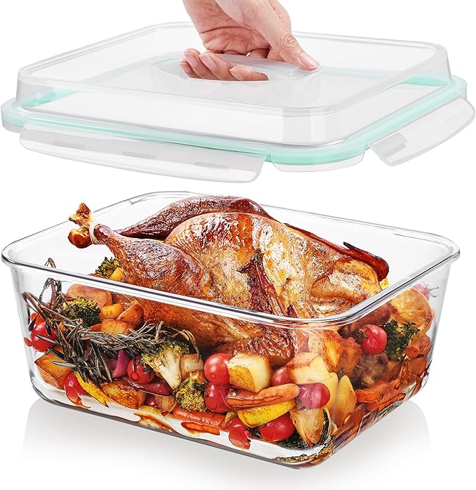Vtopmart 6.5L/ 220oz/ 27.5cup Extra Large Glass Food Storage Containers with Snap Airtight Lids for Roasting Turkey, Chicken, Baking Casserole, Fruits, Party, BPA Free, Oven Safe, Freezer, Dishwasher