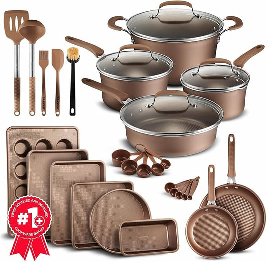 Pots and Pans Set, 23-Piece Non Stick Cookware & Bakeware Sets with Plaid Pattern, Stackable Design, Dishwasher Safe, Stain-resistant, Oven & All-Stove Safe, Tempered Glass Lid, Golden