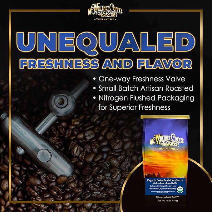 Mt. Whitney Colombia Monte Sierra Organic Single Origin, Medium Dark Roast, Smooth Full Flavored, Low Acid Coffee (Ground, 12 Oz)