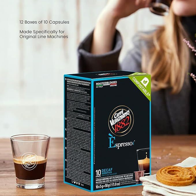 Caffè Vergnano Decaf Medium Roast Espresso Capsules – Original Line Compatible Pods – Arabica Robusta Blend, Intensity 5/10 – Italian Decaffeinated Coffee With Fruity Chocolate Notes – 120 Count
