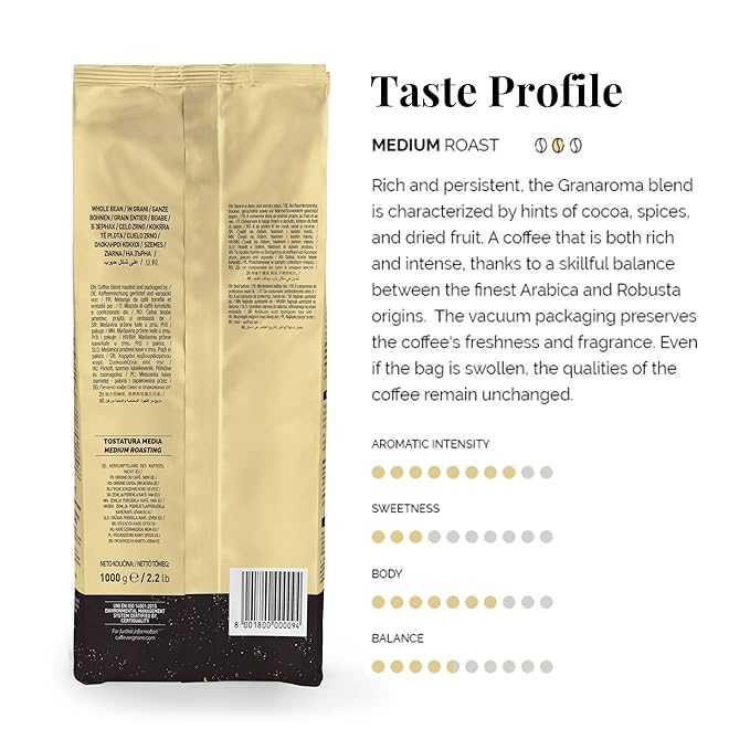 Caffe Vergnano 1882 Gran Aroma Whole Bean Arabica Medium Espresso Roast Coffee, 2.2lbs Bag - Italian Coffee Beans with Rich notes of Cocoa, Spices & Dried Fruit, Intensity 8/10-1000g Bag