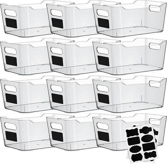 Clear Plastic Storage Bins with Labels and Marker, Perfect for Kitchen Organization or Pantry Organization and Storage, Medium Fridge Organizer and Cabinet Organizers Storage Bins