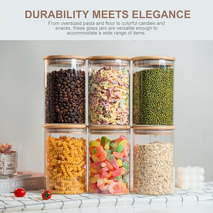 Glass Food Storage Jars Set of 8,26oz-Glass Storage Containers Clear Glass Food Canister with Bamboo Lid Airtight For Serving Tea, Coffee, Flour,Candy, Cookie, Spice(Round-80CMx150CM)