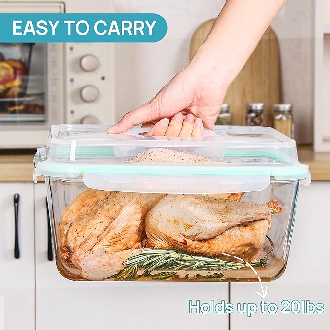 Vtopmart 220oz + 76.4oz Extra Large Glass Storage Containers Set, Meal Prep Food Container Sets with Snap Airtight Lids for Roasting Turkey, Rotisserie Chicken, Baking, Watermelon Storage, BPA Free