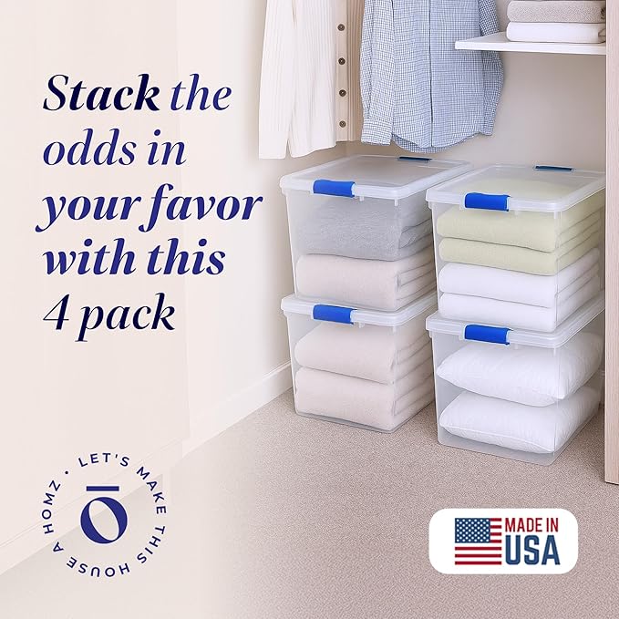 HOMZ 4-Pack Latching Lid, Large Clear Plastic Storage Bins with Lids, 31 Quart, Blue Latch - Stackable Container Boxes for Home, Bathroom, and Office Organization