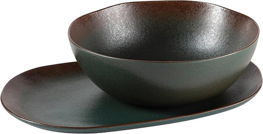 Bloomhouse Palermo Sun 2 Piece Serving Bowl and Oval Platter Stoneware Reactive Glaze Serveware Set - Agave Blue