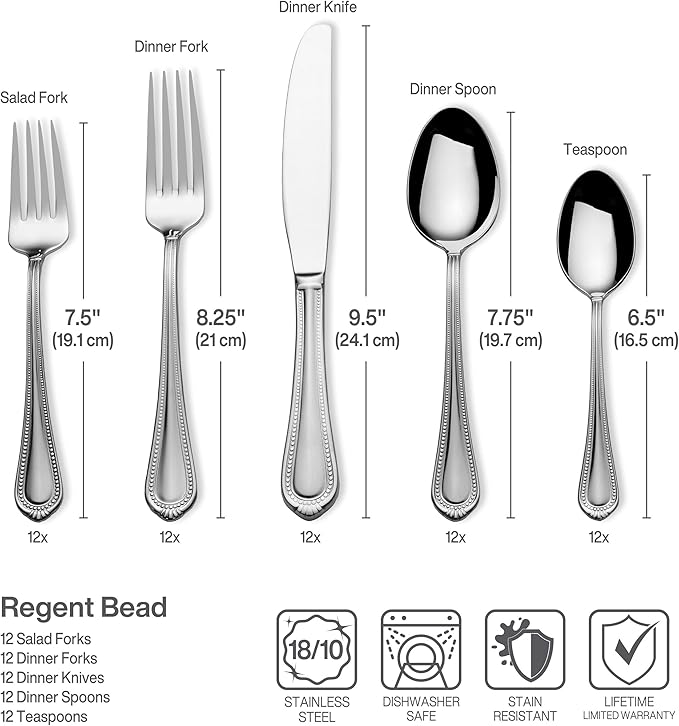 Mikasa Regent Bead 65-Piece Flatware Set for 12, 18/10 Stainless Steel Silverware with Full Service and Serving Utensils, Classic Beaded Edge Design