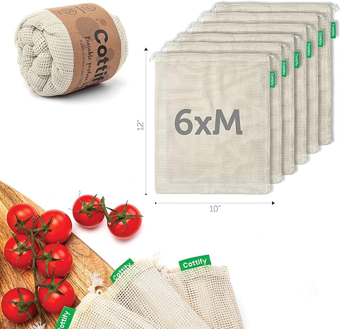 6 Reusable Produce Bags Grocery Washable | Organic Cotton Mesh Produce Bags | Double-Stitched & Tare Weigh | Mesh bags for vegetables | Cotton Produce Bags Reusable Washable | Produce bag (M size)