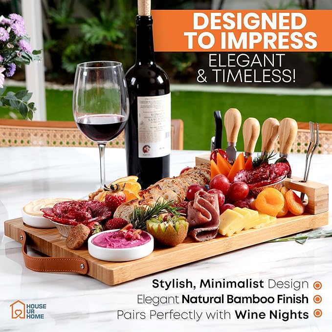 Bamboo Charcuterie Boards Gift Set with Leather Handles, Knife Set, Wine Opener, Ceramic Bowls & Forks, Recipe Book - House Warming Gifts New Home