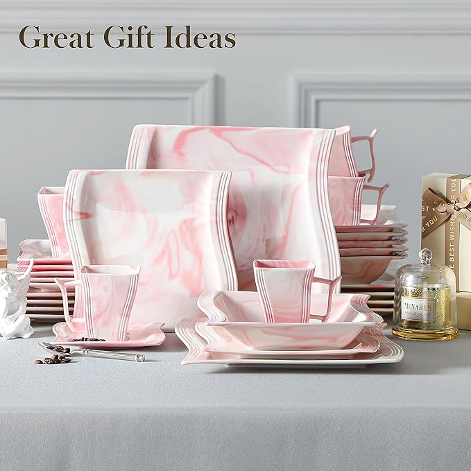 MALACASA Dinnerware Sets, 30-Piece Pink Plates and Bowls Sets for 6, Porcelain Dinnerware Set with Plates and Bowls, Cups and Sacuers, Square Dish Set, Modern Dining Ware Set, Series Flora