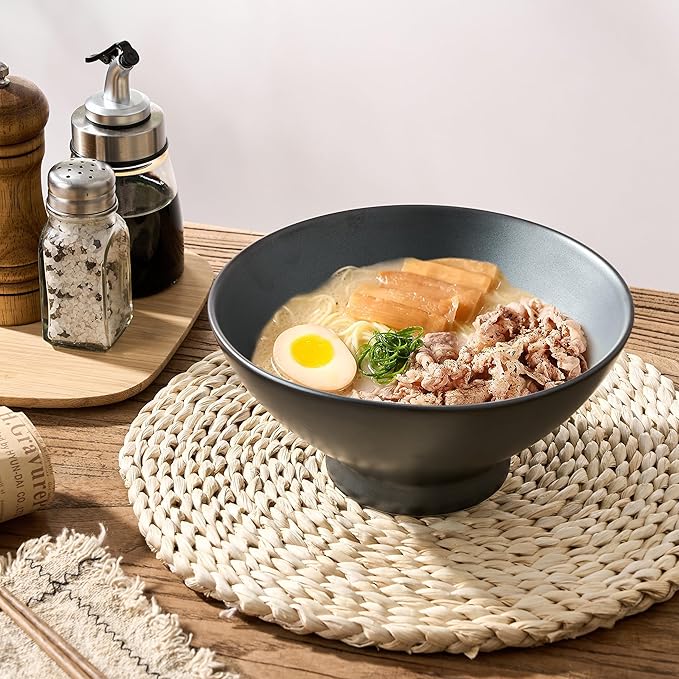Ceramic Japanese Ramen Bowl Set, 8 Inch Large Noodle Bowl Set of 2, Dishwasher Safe for Asian Pho Udon Soba Noodle, Salad Pasta, Deep Soup Bowls, Black Reactive Metallic Color