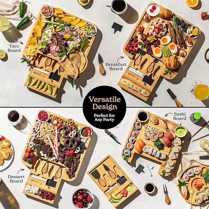 Smirly Charcuterie Board Set - Large Bamboo Cheese Board for Serving - House Warming Gifts New Home, Wedding & Bridal Shower Gift, Birthday Gift for Women