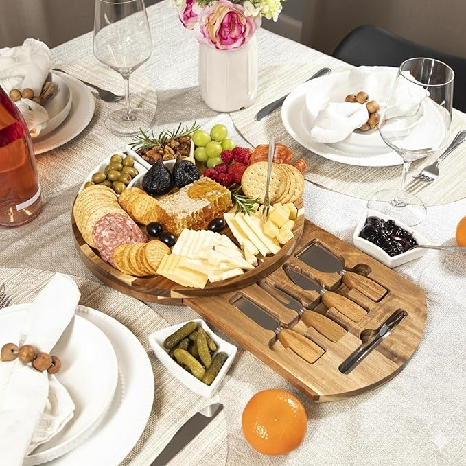 Acacia Cheese Board and Knife Set with Ceramic Bowls, Charcuterie Platter for Entertaining, Wedding & Christmas Gifts, Housewarming and Birthday Gift for Couples