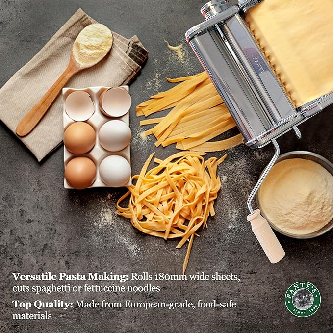 Fante's Wide Pasta Machine With Double Pasta Cutter For Spaghetti And Fettuccine, For Rolling Extra-Wide Pasta Sheets And Creating Consistent Homemade Noodles