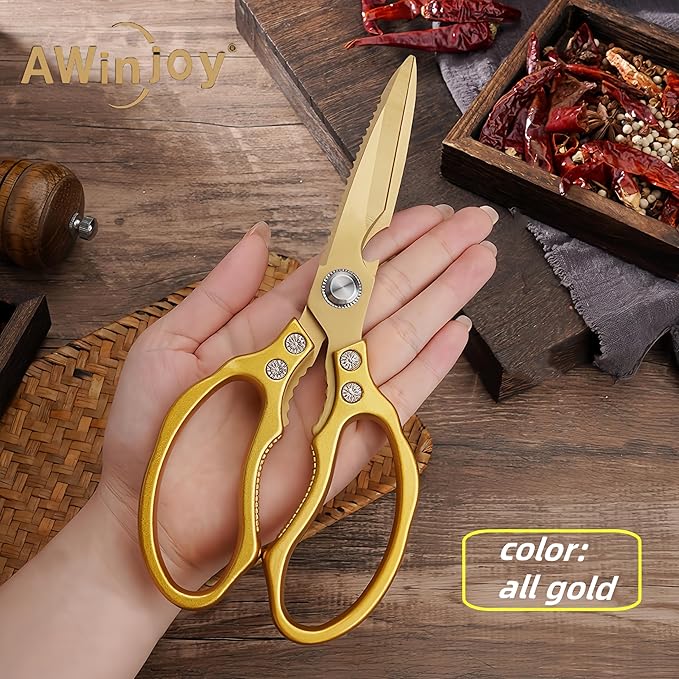 Kitchen Scissors, Heavy Duty Sharp Kitchen Shears Dishwasher Safe, Kitchen Accessories Cooking Shears for Kitchen Meat Chicken Fish Poultry Herb Bread (All Gold), skr-05