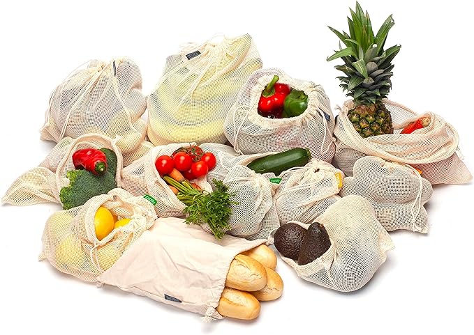 12+1 Reusable Produce Bags Grocery Washable, Organic Cotton Mesh Produce Bags, Double-Stitched & Tare Weigh, Mesh bags for vegetables, Cotton Produce Bags Reusable Washable, Produce bag 4xS, 4xM, 4xL