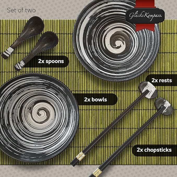 Japanese Ramen Bowl Set made of ceramic (8 pcs) with chopsticks, ceramic spoons, large 8 inches diameter, 32 oz (1 quart) | Pho Bowls Noodle Soup Bowl Asian Rice Bowl Chinese Bowl Thai